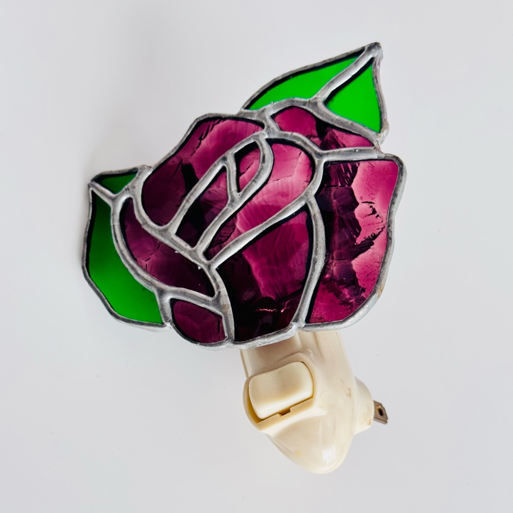 VINTAGE Stained Glass Rose Night Light - Handmade Antique Purple Silver & Green